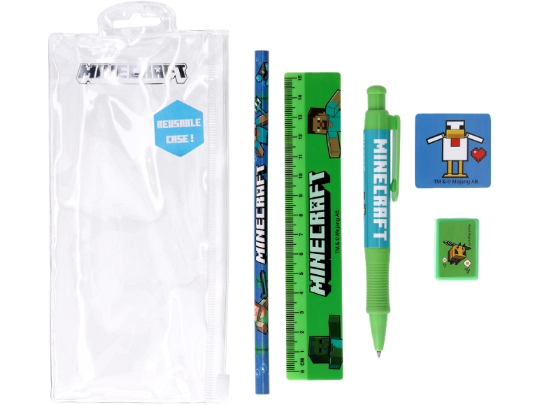 Stationery set with pencil, ruler, pen, and stickers in a transparent case.