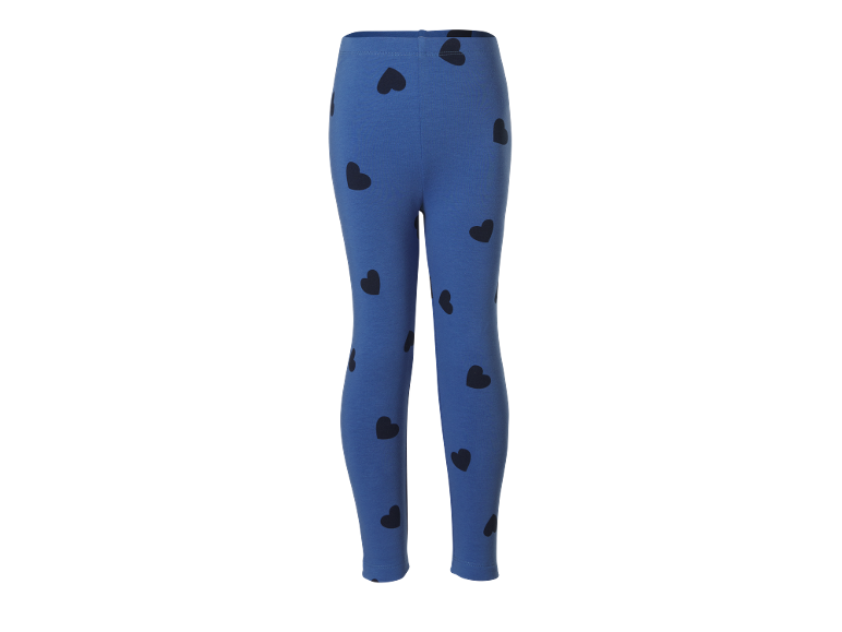 Blue leggings with a black heart pattern for children.
