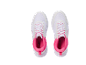 A pair of white athletic shoes with pink accents, viewed from above.