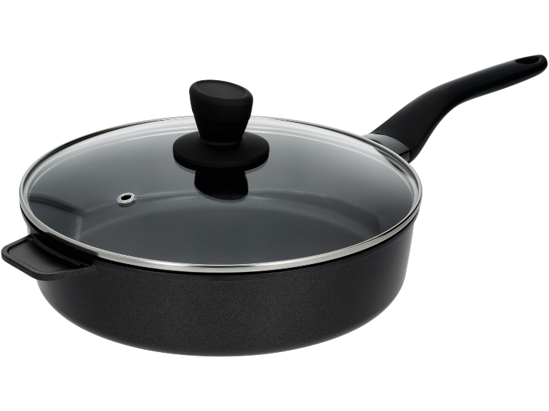 Black frying pan with a glass lid and an ergonomic handle.