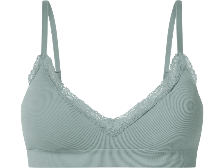 Light green ribbed seamless bralette with lace details.
