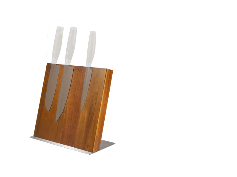 Wooden knife block with three kitchen knives featuring transparent handles.