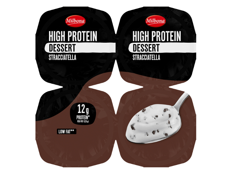 High protein stracciatella dessert with 12g protein and low fat, shown with a spoon.