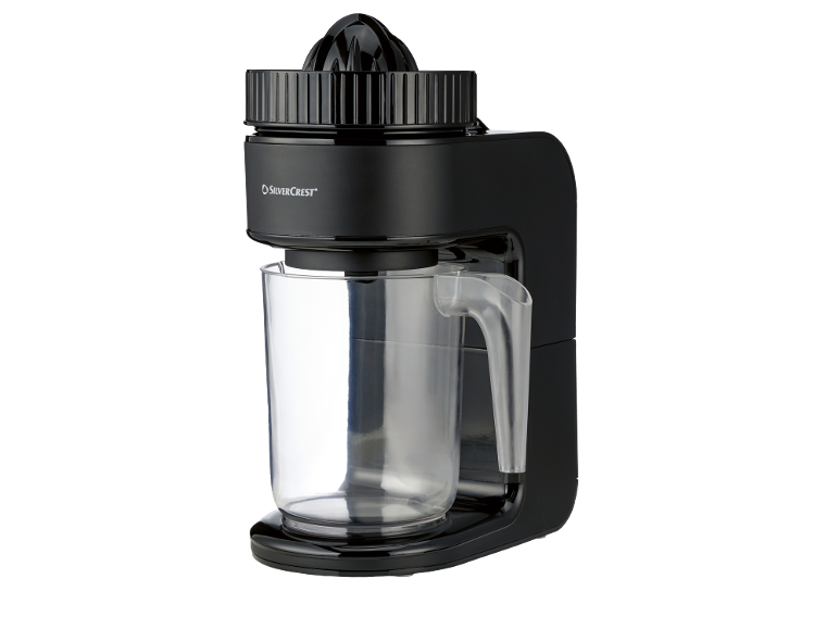 Black citrus juicer with a transparent pitcher
