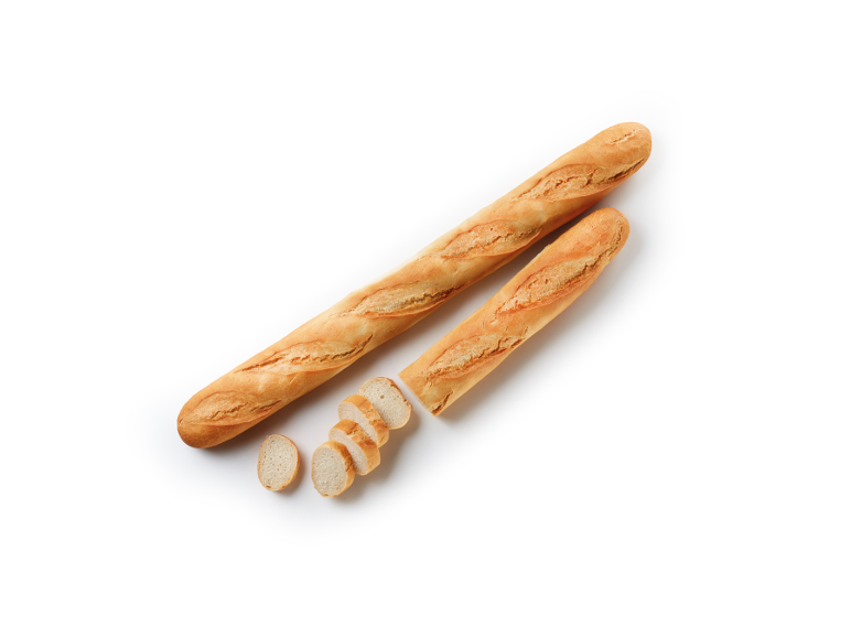 Two baguettes, one whole and one partially sliced, on a white background.