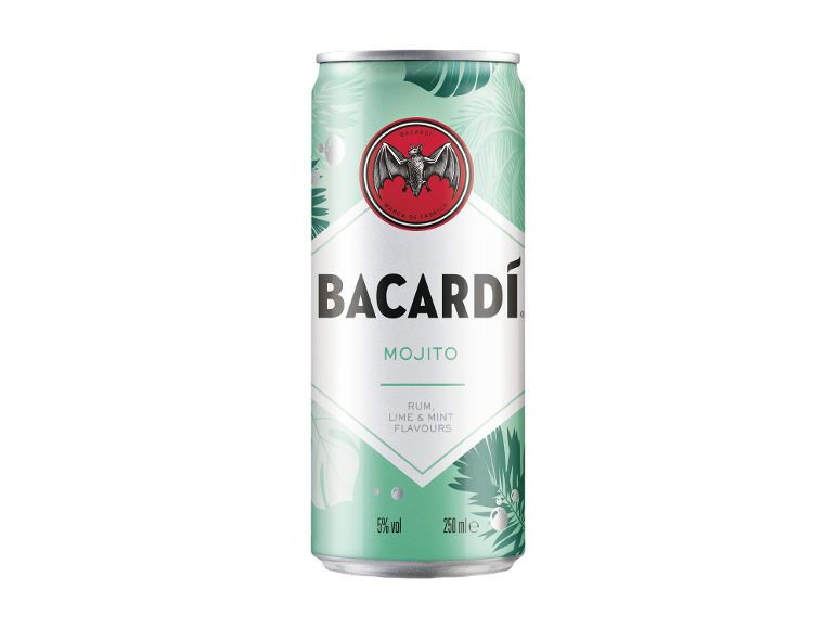 Mojito drink can with rum, lime, and mint flavors.
