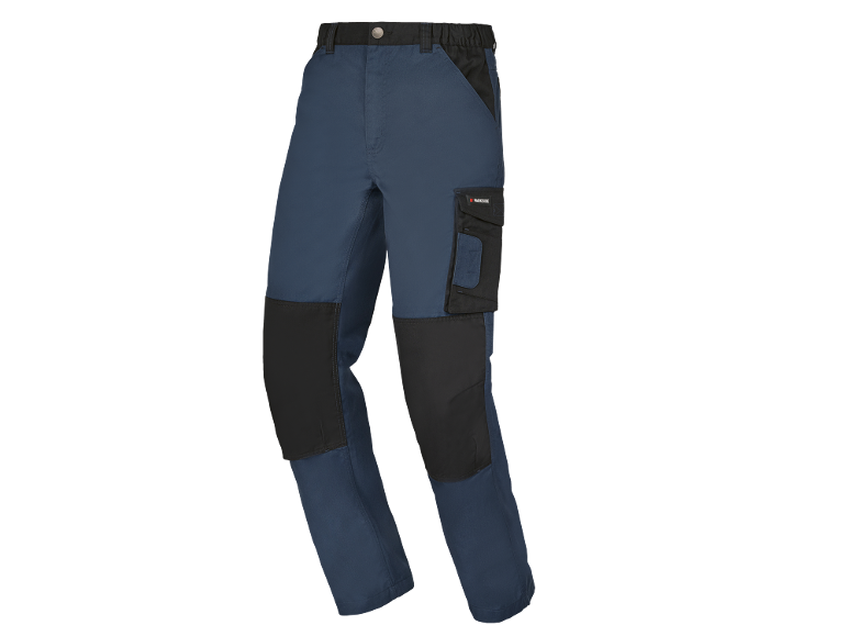 Blue work trousers with black reinforcements and a side pocket.