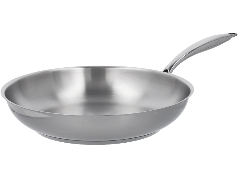 Silver stainless steel frying pan with a long handle.