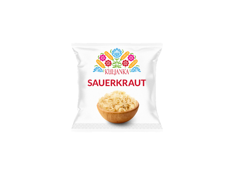 Packaging with red text 'SAUERKRAUT' and a bowl of sauerkraut.