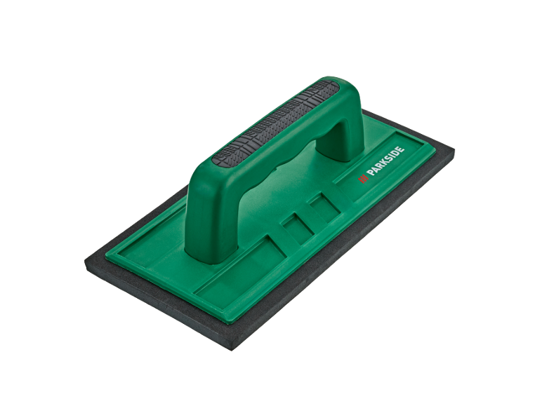 Green sponge float with a black handle for construction work.