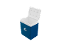 Open blue and white cooler box with a logo on the front.