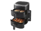 Dual basket air fryer with chicken and fries, set to 150°C and 180 minutes.