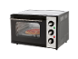 Compact black and silver mini oven with a pizza cooking inside.
