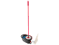Red mop with a bucket filled with water and a foot pressing a pedal.