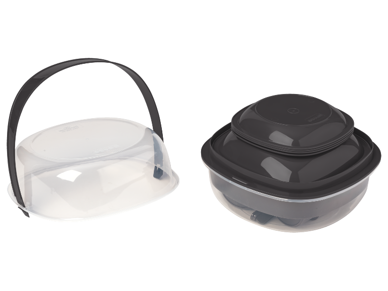 Clear cake carrier with a grey handle and a grey food storage container