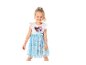 Girl in white dress with heart print and blue tulle skirt.