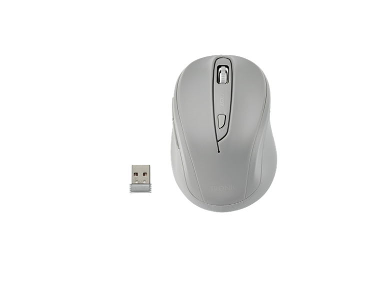 Wireless mouse and USB receiver, with a grey casing and the text 'TRONIC'.