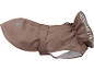 Brown dog rain jacket with a reflective paw print and adjustable hood.