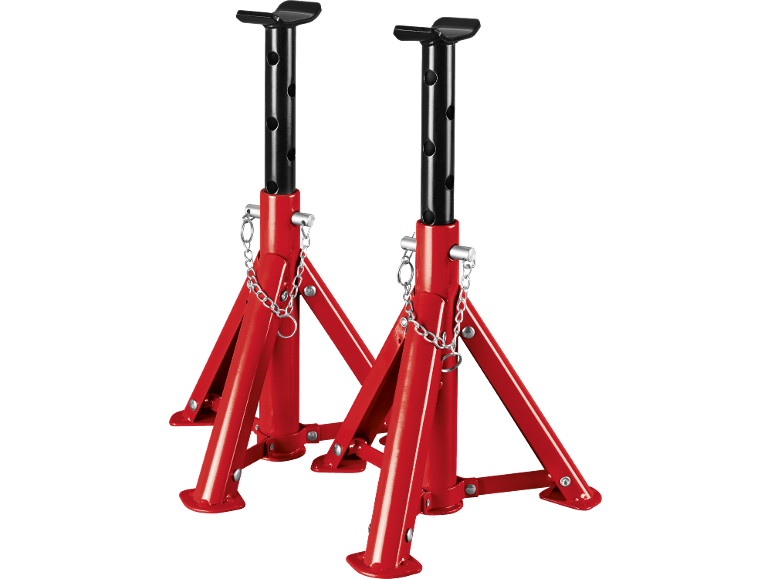 Pair of red car jack stands with black adjustable posts.