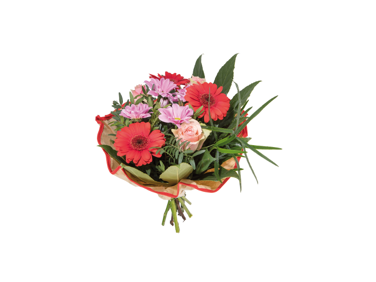 Bouquet with red gerberas, pink daisies, and roses, wrapped in paper.