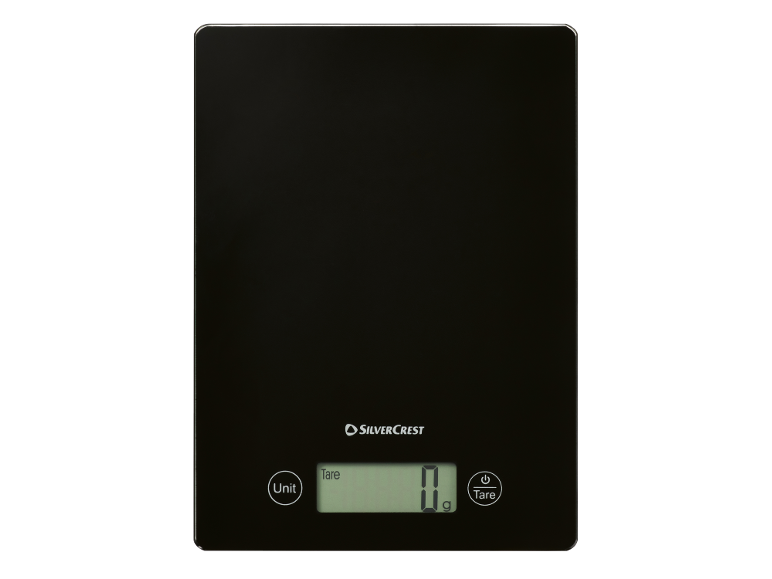 Black digital kitchen scale with '0 g' display and 'Unit' and 'Tare' buttons.