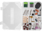 Rotary tool accessory kit with drill bits, cutting and polishing discs in a box.