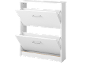 White shoe cabinet with two open tilt-out compartments and grey handles.