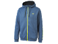 Blue hooded sweatshirt with yellow zipper and drawstrings, yellow logo on chest.