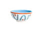 White ceramic bowl with blue interior and abstract orange and blue patterns