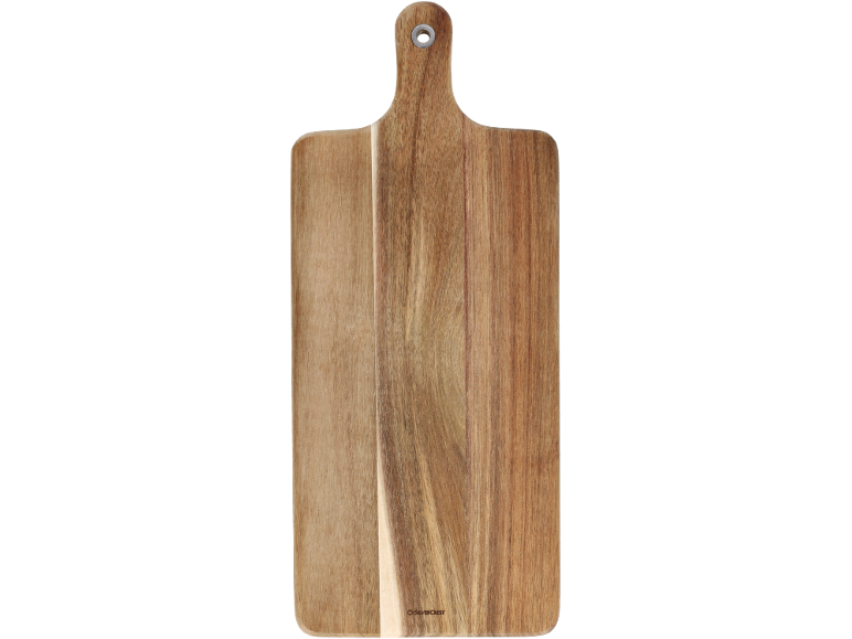 Wooden cutting board with a handle and a metal hanging hole.