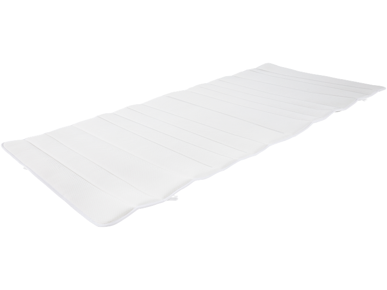 White mattress topper with horizontal stitching, angled view.