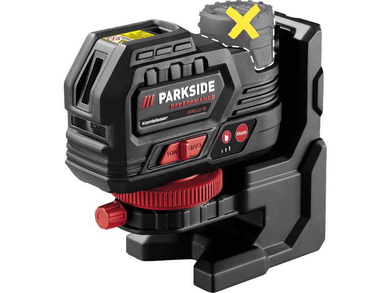 Black combination laser level with red accents, with a 12V battery pack not included.