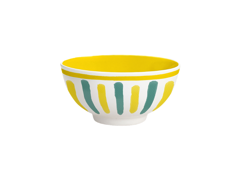 White bowl with yellow interior and yellow and teal vertical stripes