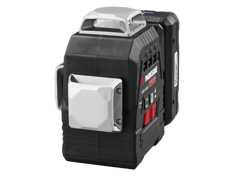 Black 360° laser level with red buttons and silver accents.