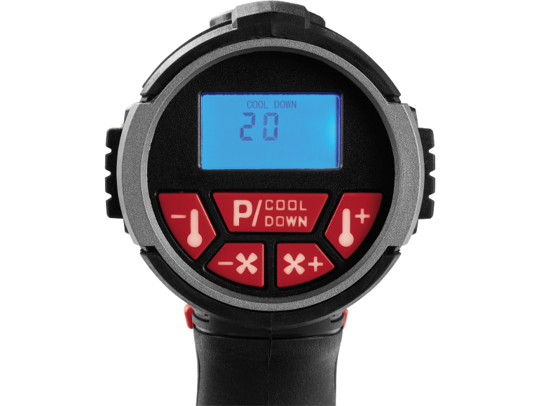 Heat gun with digital display showing 'COOL DOWN 20' and control buttons.