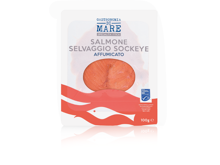 Smoked wild Sockeye salmon, 100g, Gastronomia di Mare, with MSC sustainable fishing certification.
