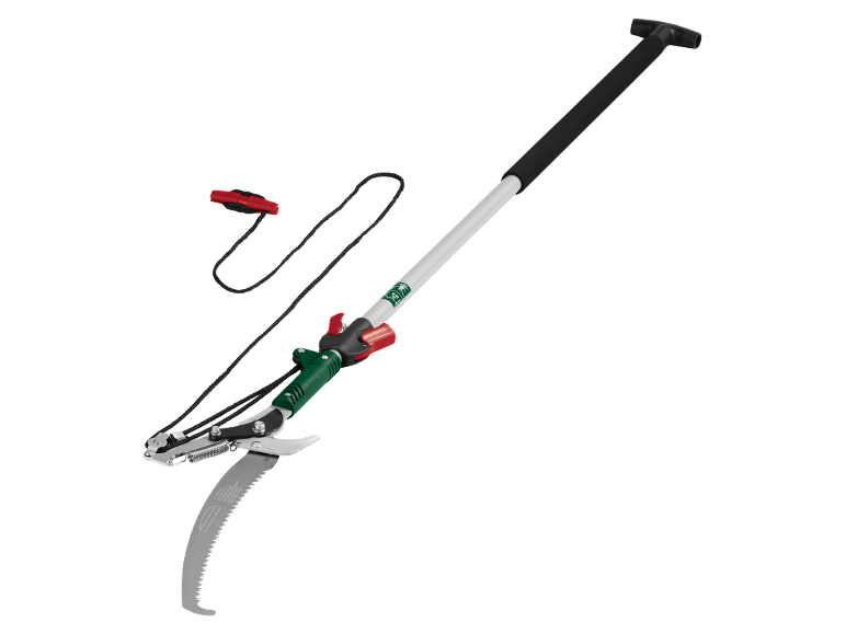 Telescopic pruning shears with saw, green and silver.