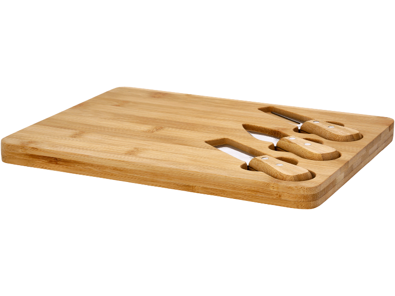 Bamboo cheese board with three cheese knives
