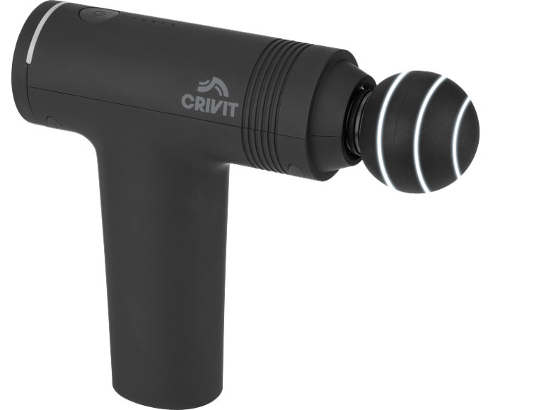 Black massage gun with a glowing round head.