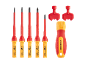 Set of insulated screwdrivers with interchangeable bits and a handle, in red and yellow.