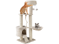 Cat tree with scratching post, house, hammock, and toys, featuring two cats.