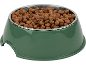 Green pet bowl filled with dry food.