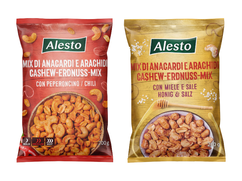 Two packs of cashew and peanut mix: one with chili and one with honey and salt.