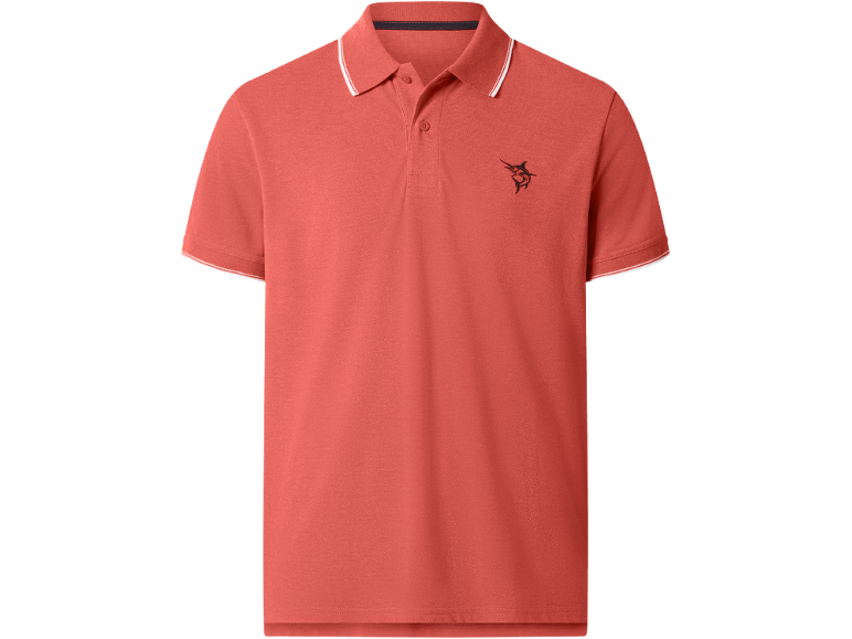 Men's coral polo shirt with fish embroidery and white stripes on the collar and sleeves.