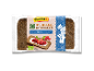 Pack of organic rye bread, classic variant, with a slice topped with berries.