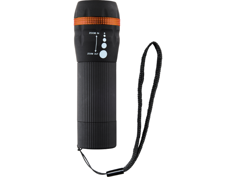 Black flashlight with zoom function and wrist strap