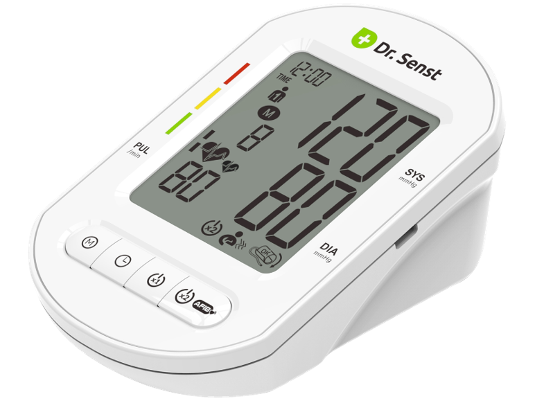Digital blood pressure monitor with LCD display showing blood pressure and pulse.