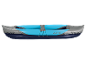 Inflatable kayak in blue and grey with lacing for attachment.