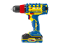 Yellow and blue cordless drill with battery, featuring a black chuck and red adjustment ring.