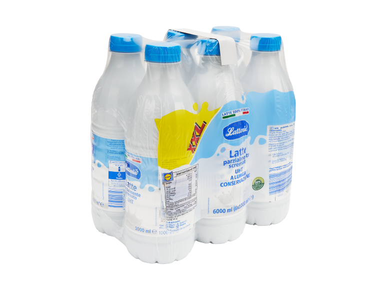 Pack of six UHT semi-skimmed milk bottles for long-term storage.